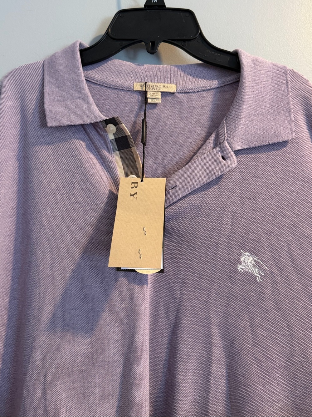 NWT Burberry Brit Purple Polo Shirt XXL Embroidered Knight Logo Check Trim